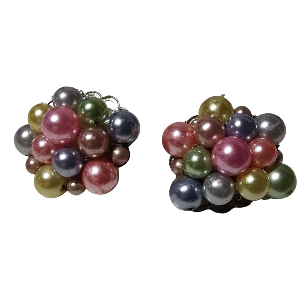 Vintage Clip On Earrings Faux Pearl Cluster Bead Colorful Silver Tone Japan SEE